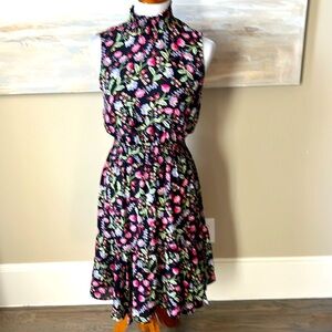 Nanette Lenore black floral dress with ruffle skirt and high neck